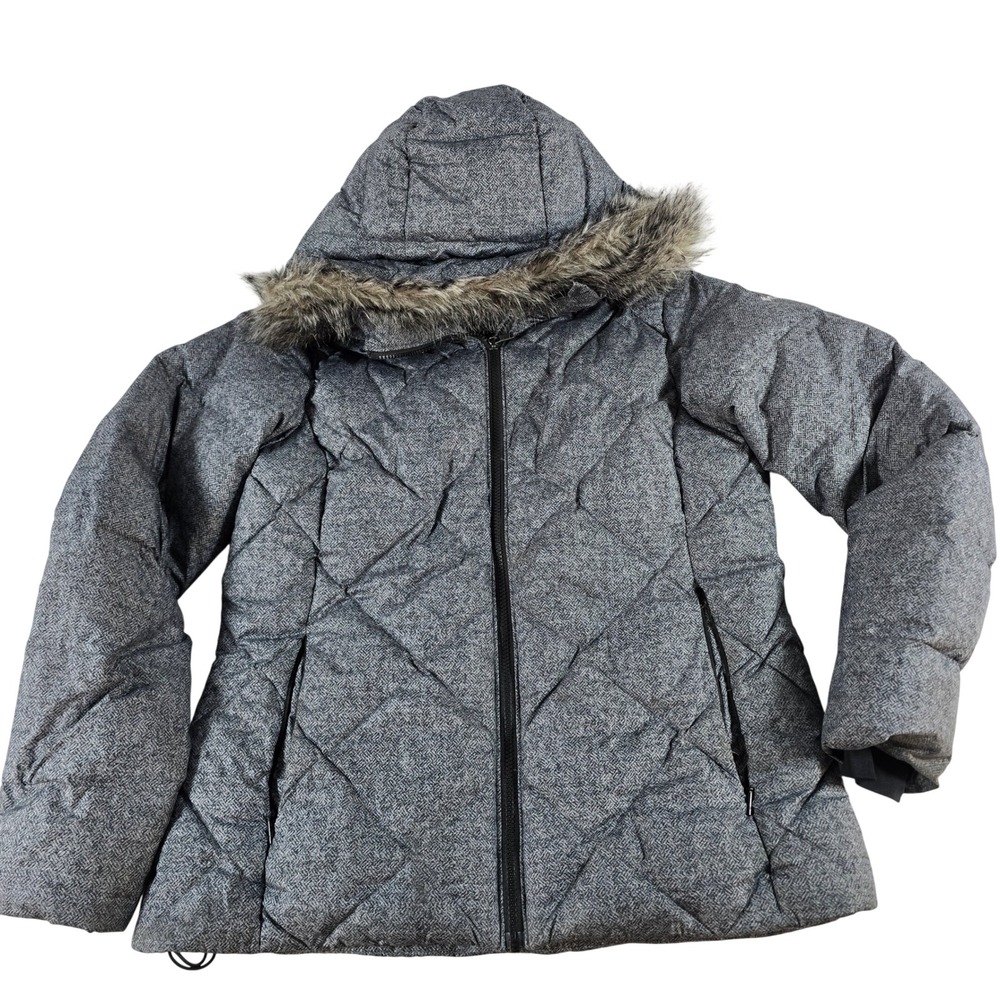 Columbia Womens Grey Herringbone Down Puffer Jacket Faux Fur Hood M 15056